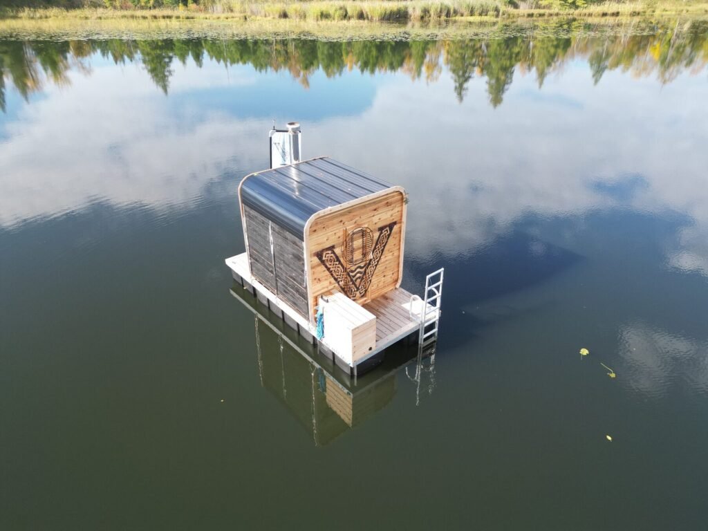 Aerial view of the Valhallan floating sauna deck and cold plunge ladder